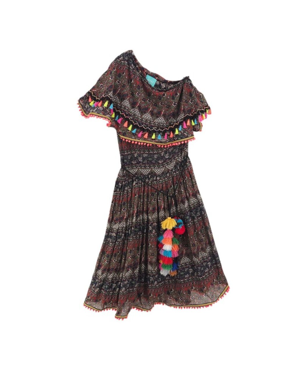 TAJ By Sabrina Grippa Dress One Shoulder Tasseled Fit Flare Size SMALL